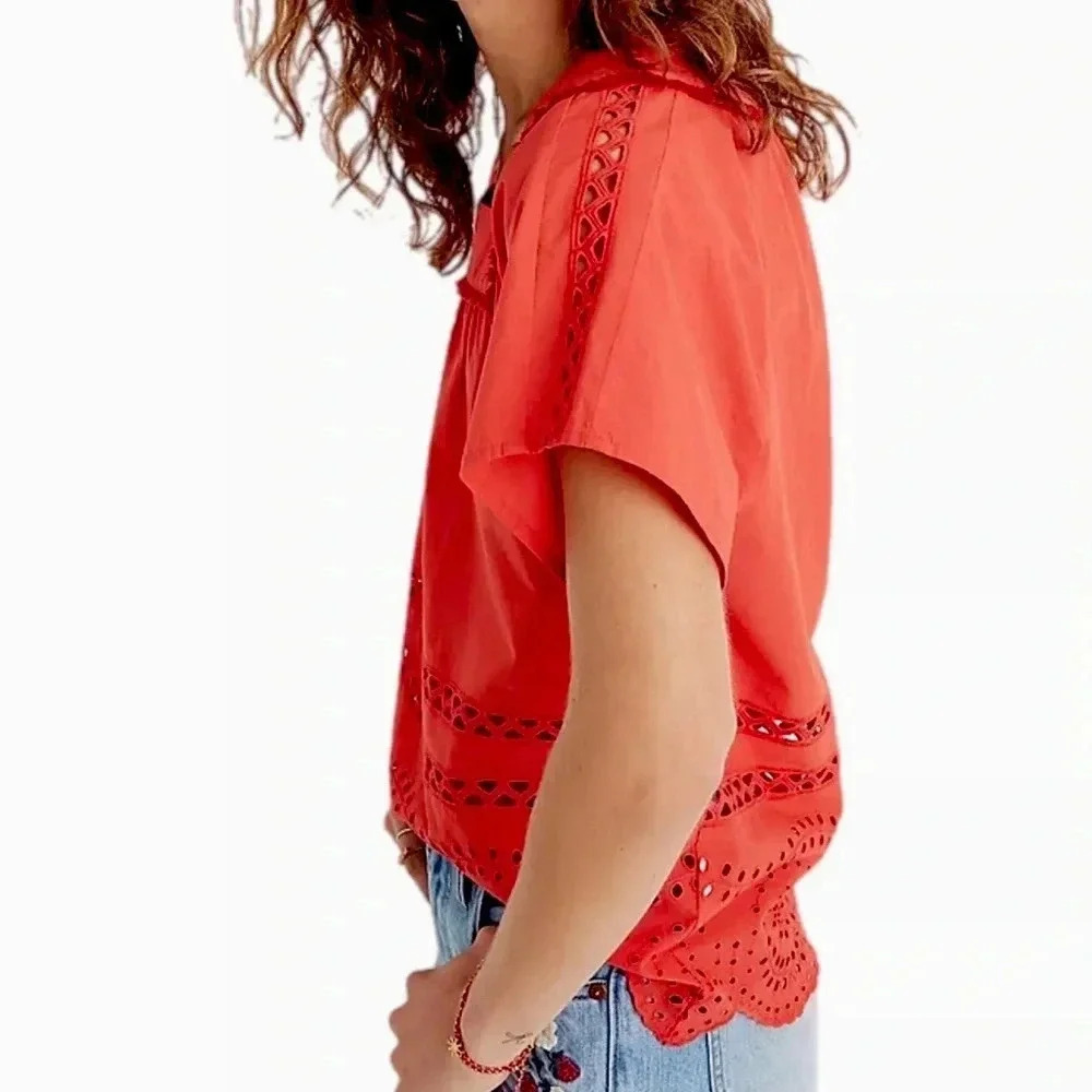 Madewell Top Angelica Rusty Orange Eyelet Short Sleeve Blouse Women’s Size XS - Picture 2 of 12